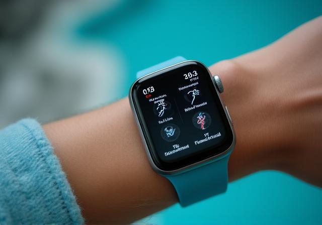 Smartwatch zeigt Gesundheitsdaten und Fitness-Tracking-Interface