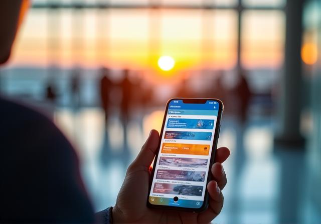 Moderne Reise-App auf einem Smartphone vor einer Flughafen-Kulisse